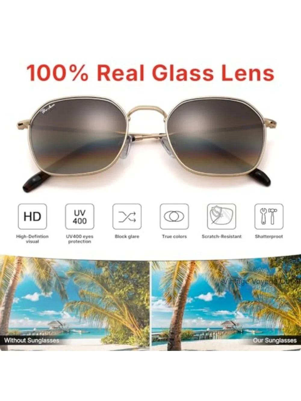 Hexagonal Sunglasses with 100% Real Glass Lens UV400 Metal Frame